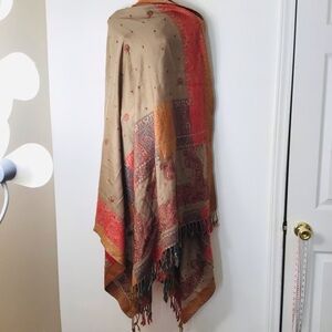 Beige Paisley Fringe Wrap with Red & Orange Border